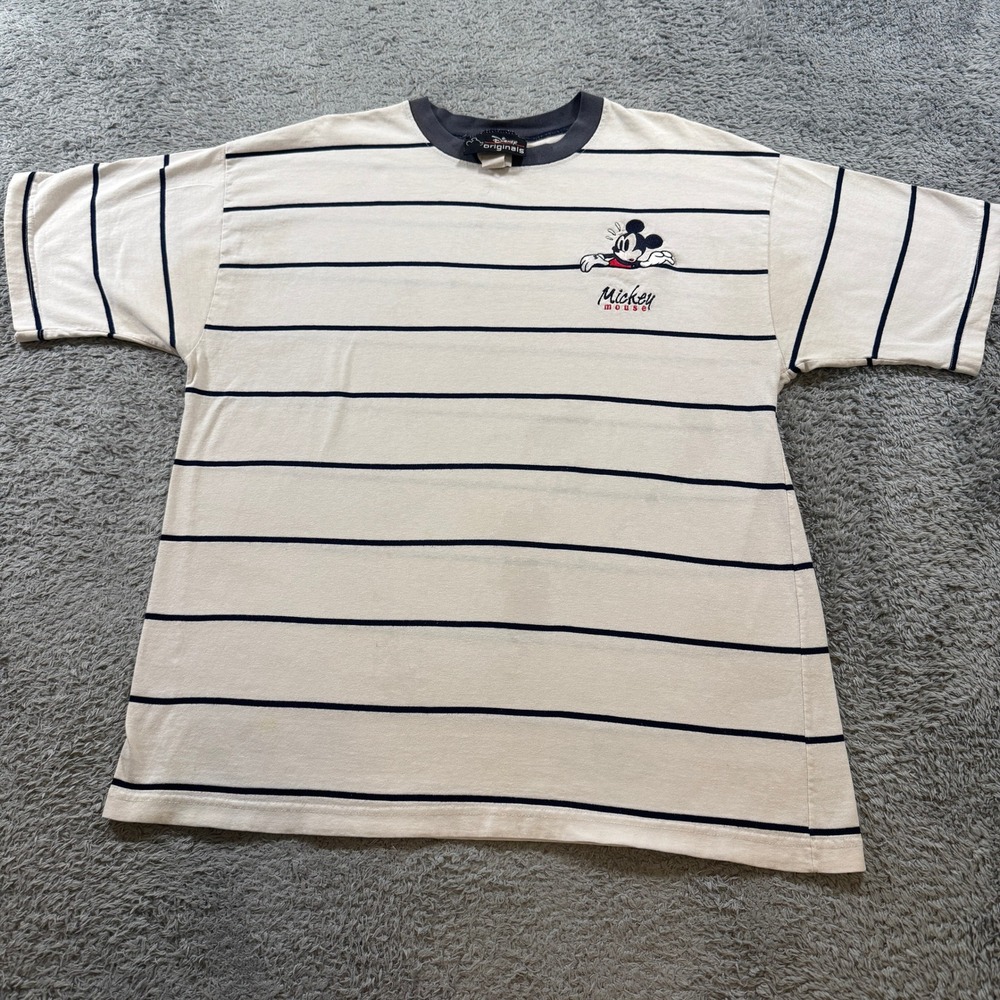 Disney Originals Mickey Mouse Shirt XL Cream Navy Striped Vintage Men T-Shirt